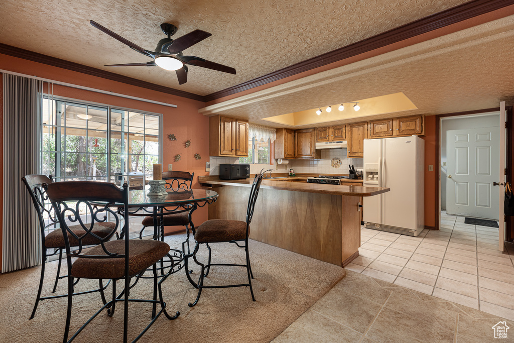 Kitchen with white fridge with ice dispenser, crown molding, a textured ceiling, stove, and a ceiling fan