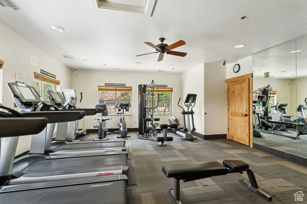 Gym featuring plenty of natural light, a ceiling fan, recessed lighting, baseboards, and carpet flooring