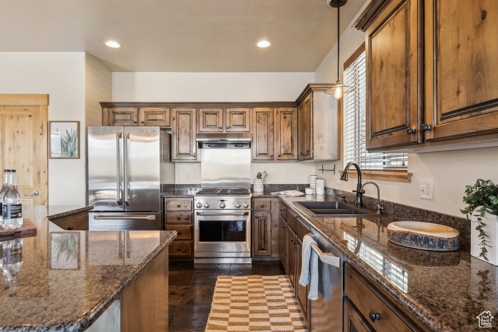 Kitchen featuring stainless steel appliances, a sink, dark stone countertops, decorative light fixtures, and under cabinet range hood