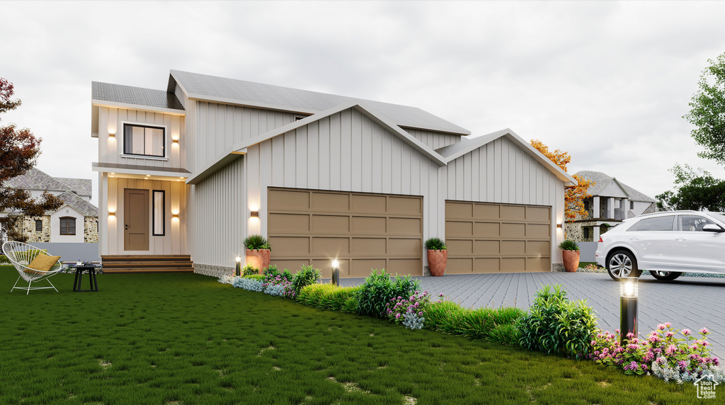 Modern inspired farmhouse with board and batten siding, an attached garage, a front lawn, and driveway