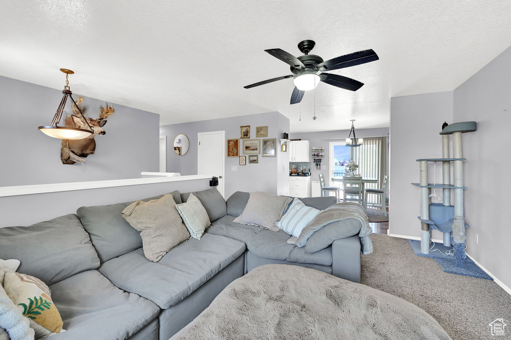 Living room featuring ceiling fan, carpet, and baseboards