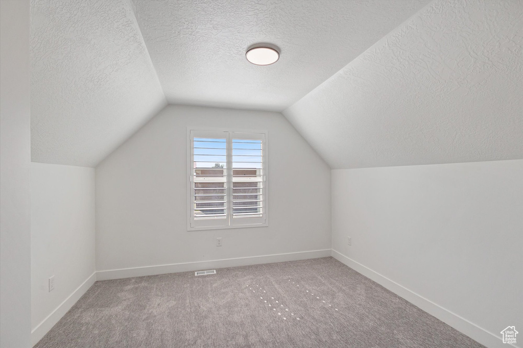 Additional living space featuring a textured ceiling, vaulted ceiling, baseboards, and carpet flooring