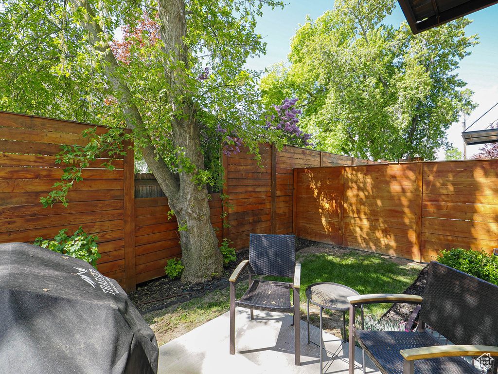 Fenced backyard featuring a patio area and grilling area