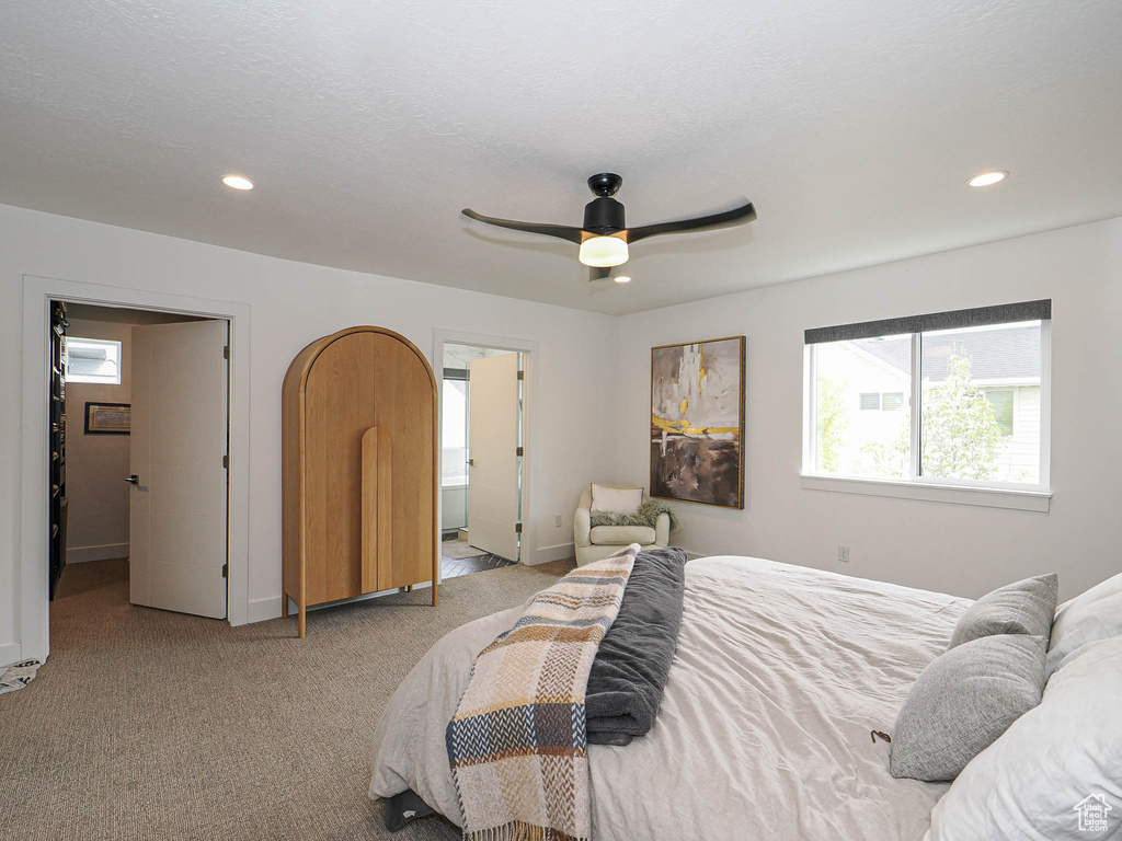 Bedroom with multiple windows, carpet, recessed lighting, and baseboards
