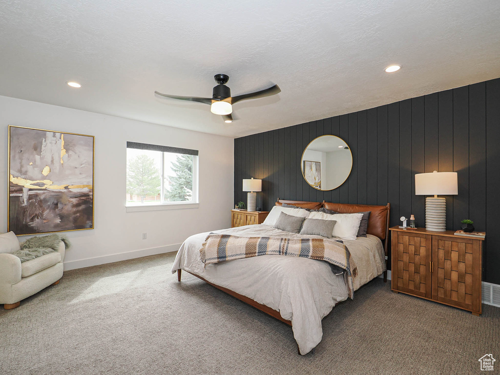 Bedroom with carpet floors, baseboards, ceiling fan, and recessed lighting