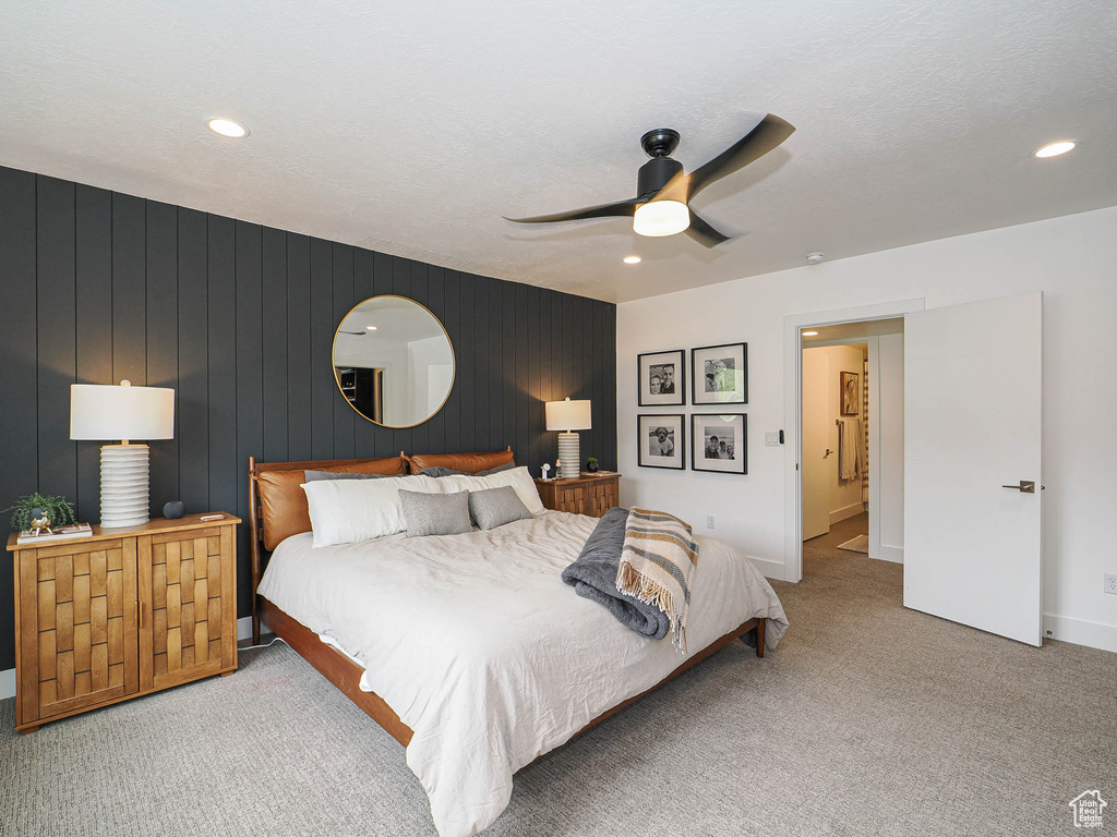 Bedroom featuring carpet flooring, recessed lighting, ceiling fan, and baseboards