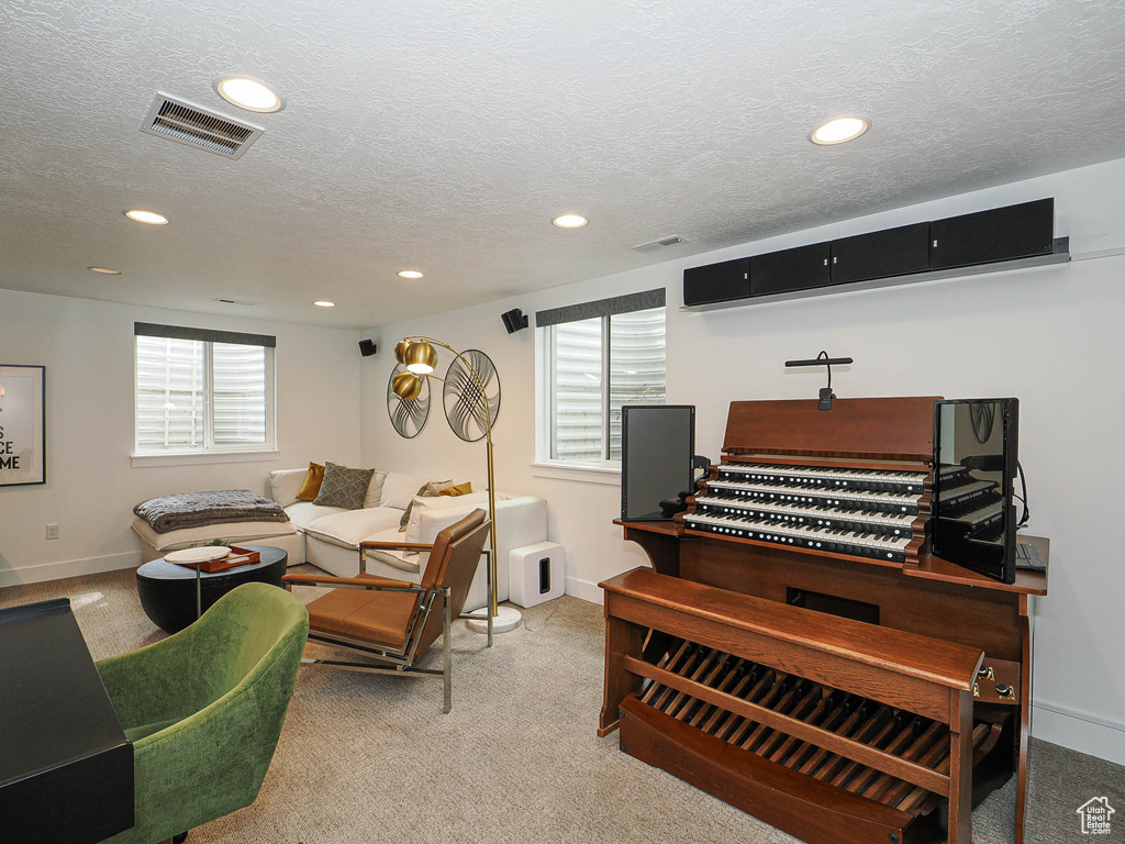 Living area featuring carpet flooring, healthy amount of natural light, recessed lighting, a textured ceiling, and baseboards