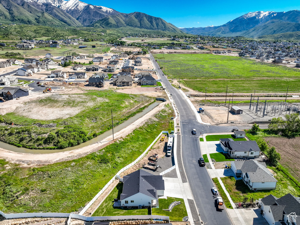 Aerial view of residential area with mountains