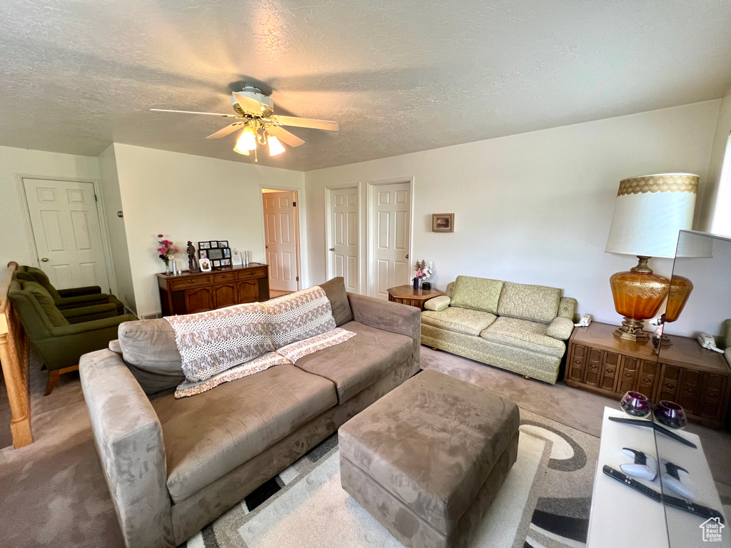 Living room featuring carpet flooring, a ceiling fan, and a textured ceiling