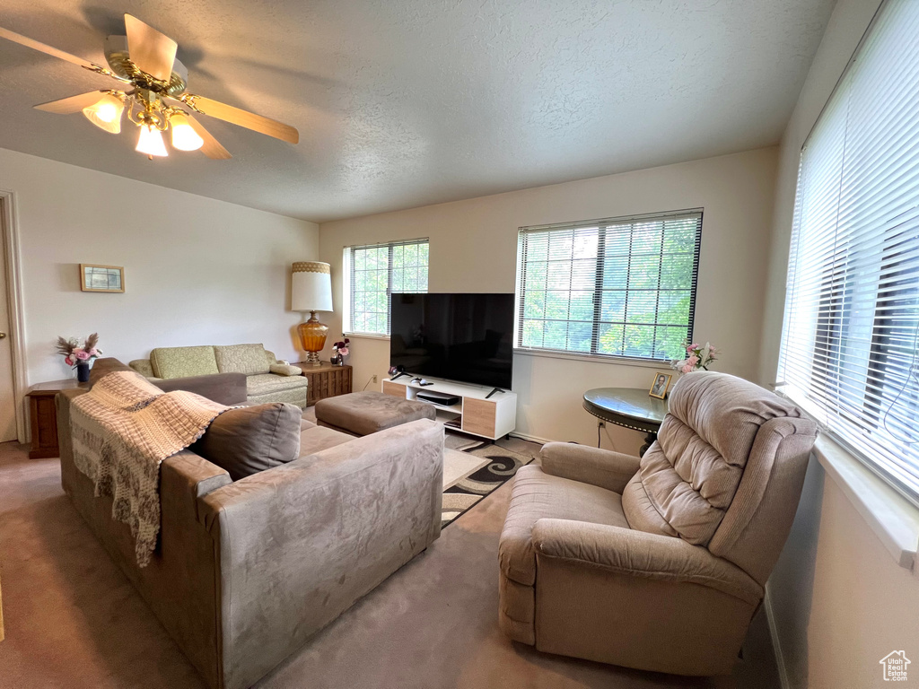Carpeted living room with ceiling fan