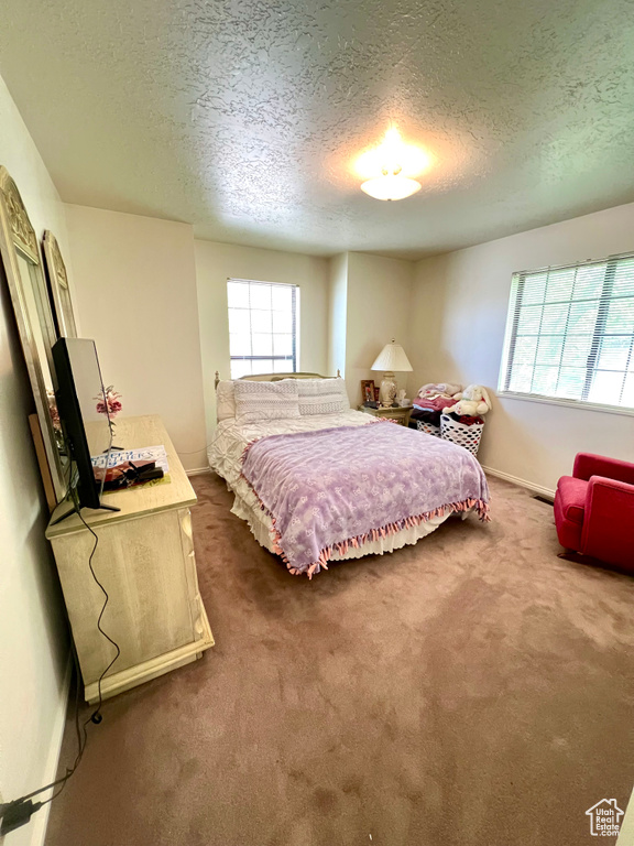 Carpeted bedroom featuring a textured ceiling and baseboards