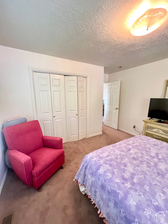Carpeted bedroom with a closet, baseboards, and a textured ceiling