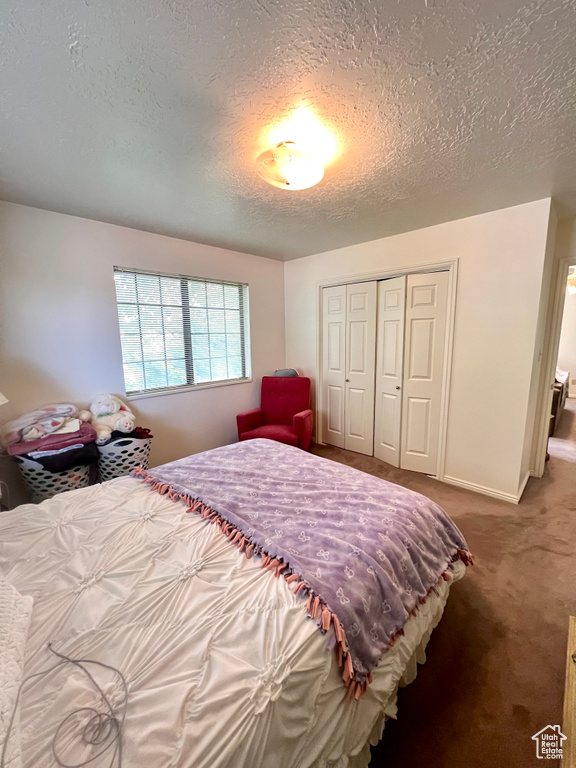 Carpeted bedroom with a textured ceiling, a closet, and baseboards