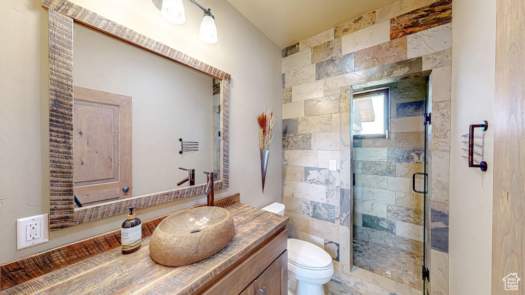 Full bathroom featuring toilet, vanity, and a stall shower