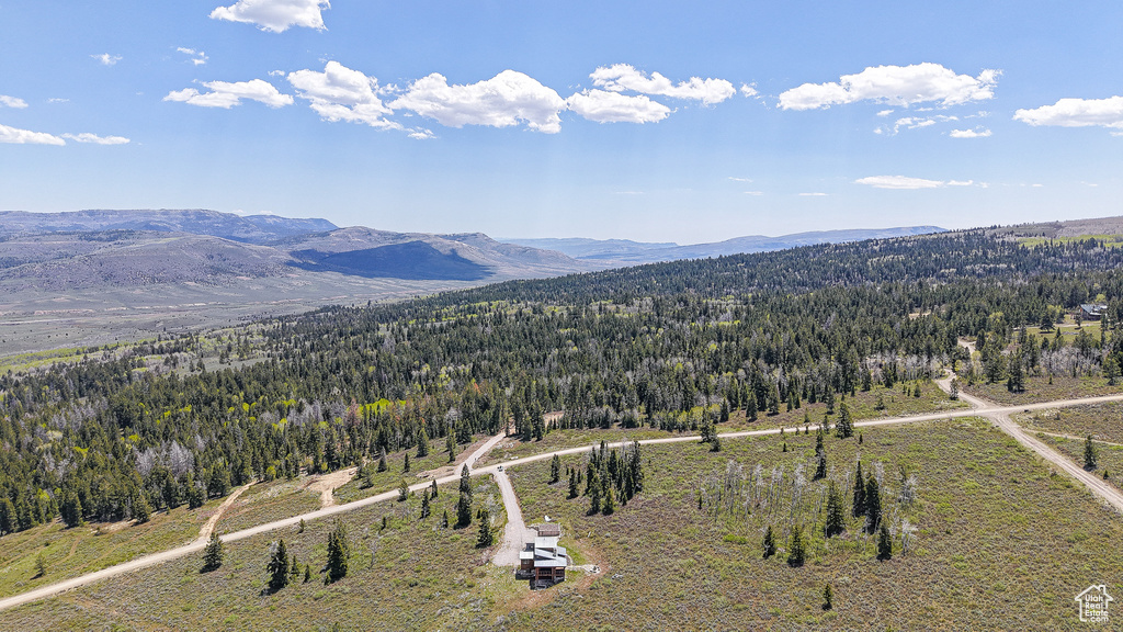 Aerial view of a heavily wooded area and mountains