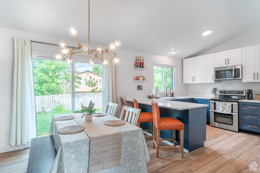 Kitchen with appliances with stainless steel finishes, blue cabinets, white cabinetry, lofted ceiling, and a sink