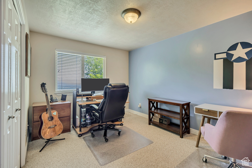 Carpeted office space with a textured ceiling and baseboards