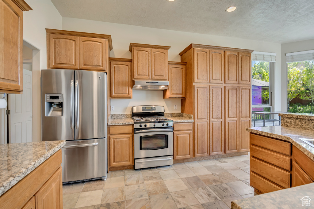 Kitchen featuring appliances with stainless steel finishes, under cabinet range hood, light stone counters, recessed lighting, and a textured ceiling