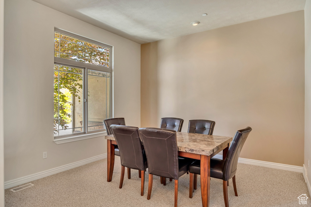 Carpeted dining room featuring healthy amount of natural light and baseboards