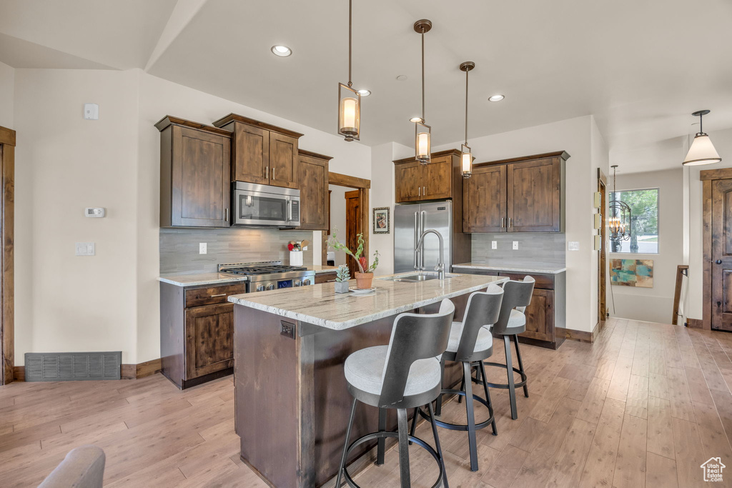 Kitchen featuring appliances with stainless steel finishes, tasteful backsplash, a breakfast bar area, a kitchen island with sink, and hanging light fixtures