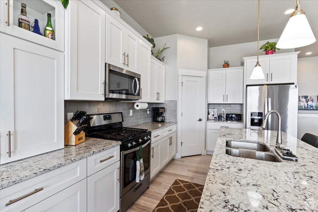 Kitchen with appliances with stainless steel finishes, a sink, white cabinets, backsplash, and recessed lighting