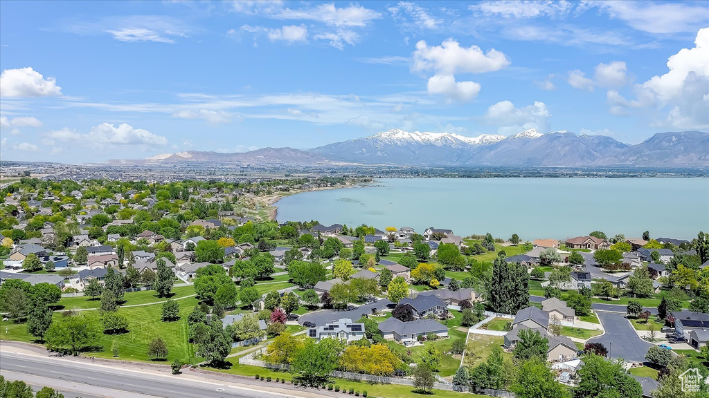 Aerial view of residential area with a water and mountain view