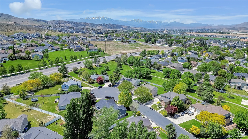 Aerial view of residential area with mountains