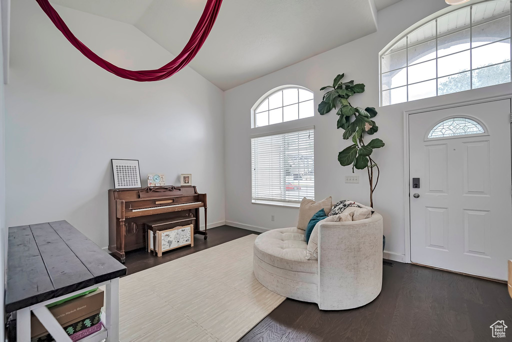 Foyer with healthy amount of natural light, high vaulted ceiling, dark wood finished floors, and baseboards