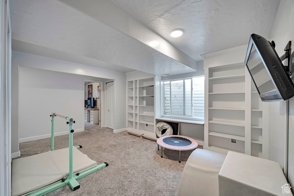 Exercise room with carpet flooring, baseboards, and a textured ceiling