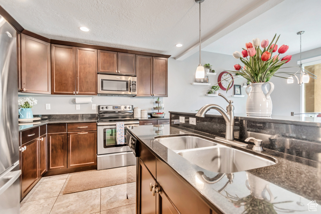 Kitchen with stainless steel appliances, a sink, dark stone countertops, pendant lighting, and recessed lighting