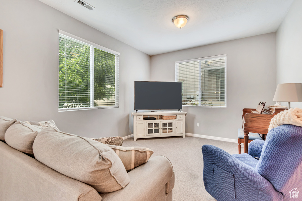 Living area with light colored carpet and baseboards
