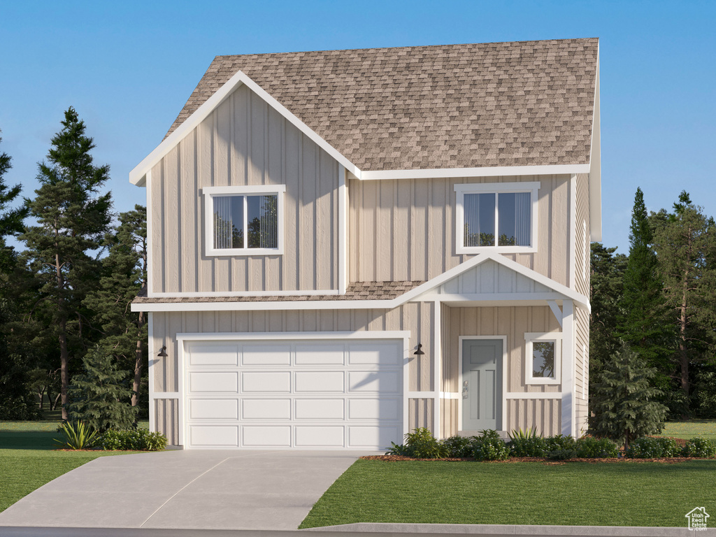 View of front of property featuring a shingled roof, board and batten siding, concrete driveway, a front lawn, and a garage