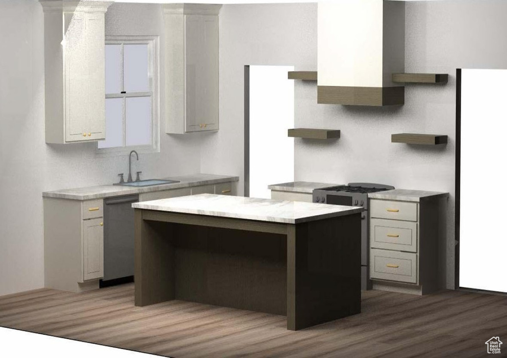 Kitchen with open shelves, appliances with stainless steel finishes, a sink, wood finished floors, and light countertops