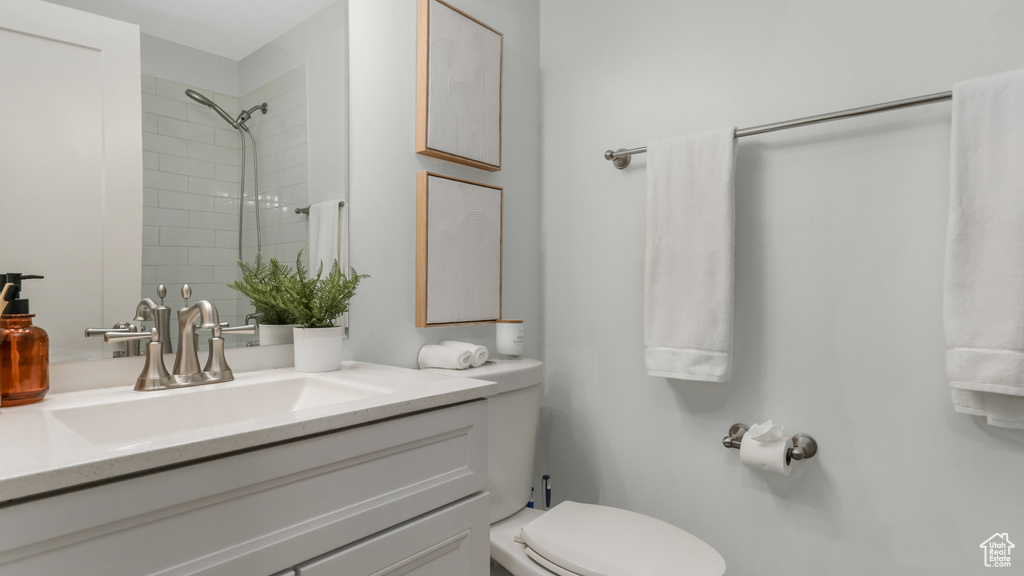 Full bathroom with vanity, toilet, and a shower