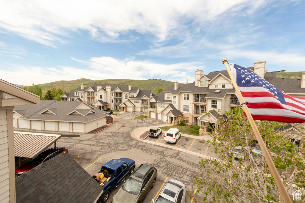 Aerial view of residential area with a mountain backdrop