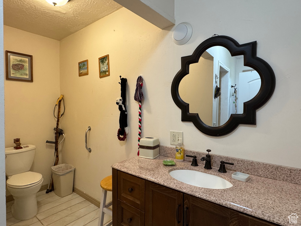 Bathroom with toilet, vanity, a textured ceiling, and wood finished floors