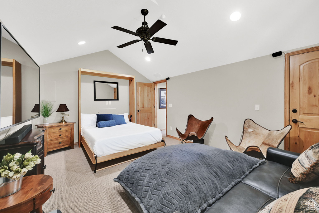 Bedroom featuring vaulted ceiling, light colored carpet, recessed lighting, and ceiling fan