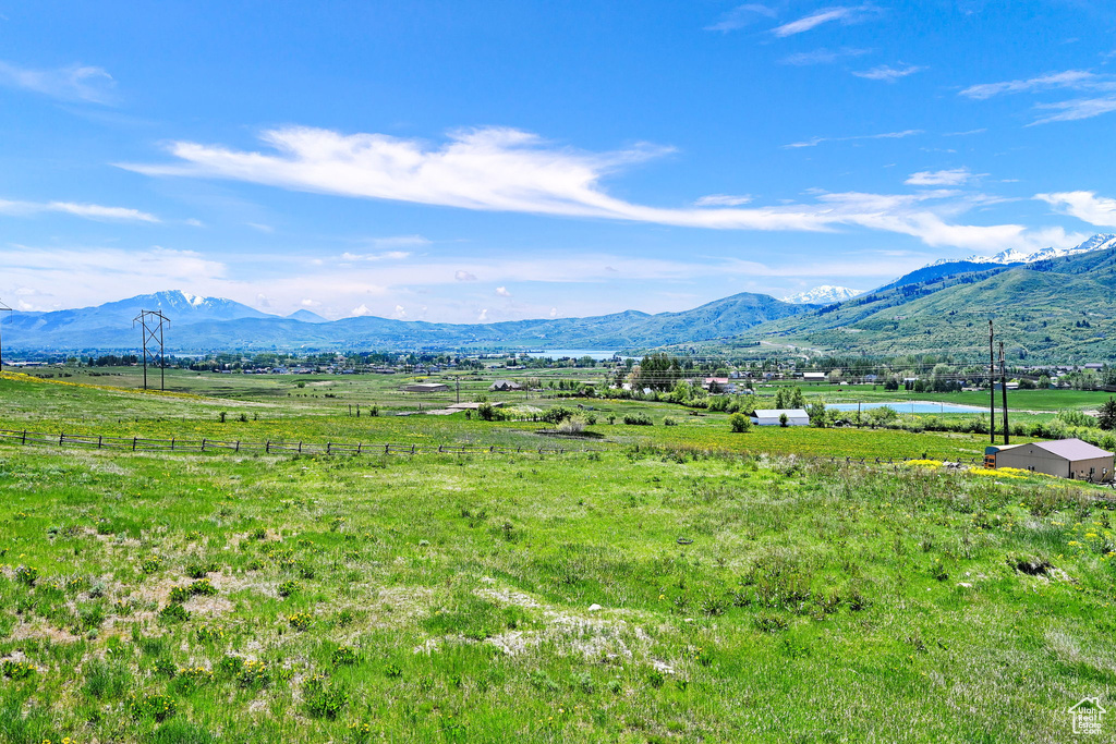View of mountain backdrop with rural landscape