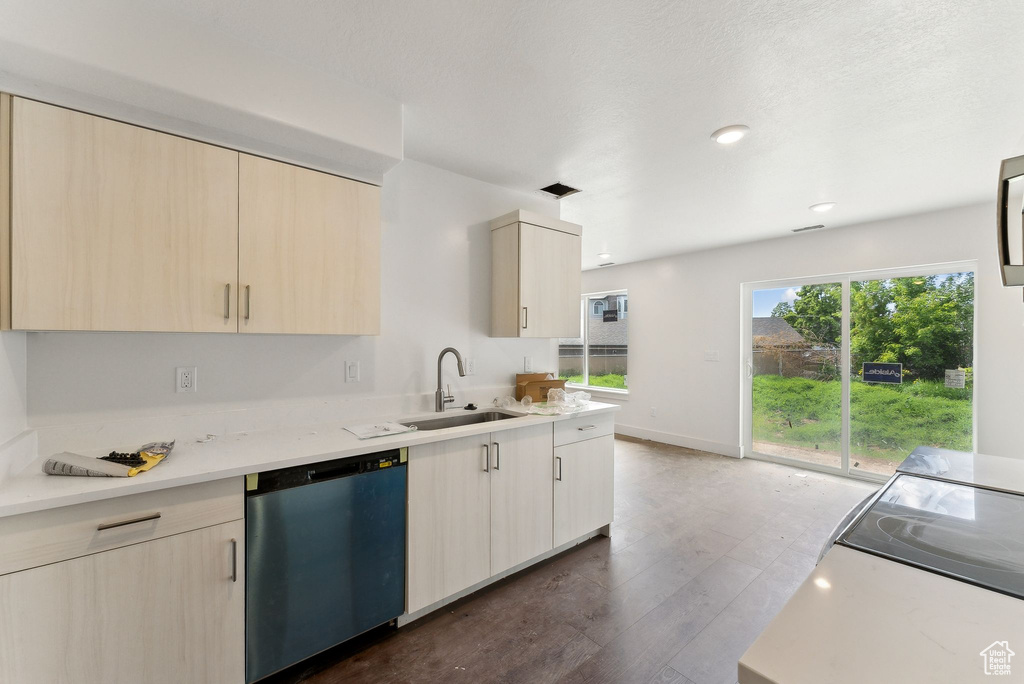 Kitchen featuring dishwasher, a sink, dark wood finished floors, light countertops, and modern cabinets