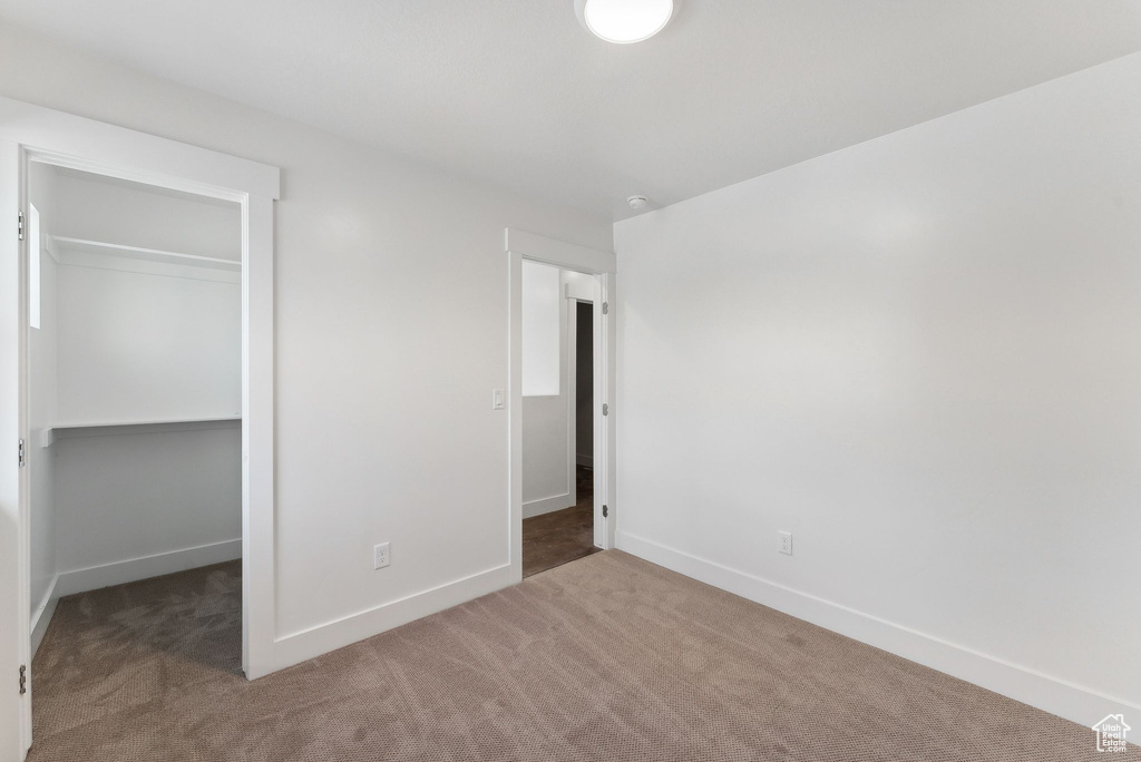 Unfurnished bedroom with carpet floors, baseboards, a closet, and a spacious closet