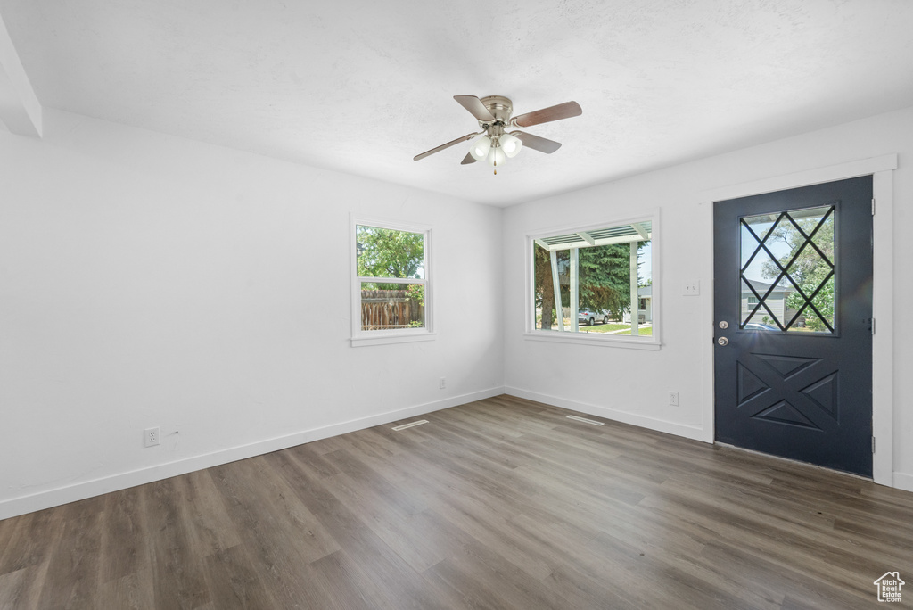 Foyer with plenty of natural light, ceiling fan, and wood finished floors