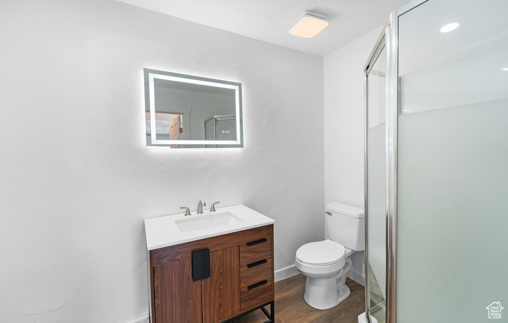 Full bathroom with vanity, wood finished floors, and a shower with shower door