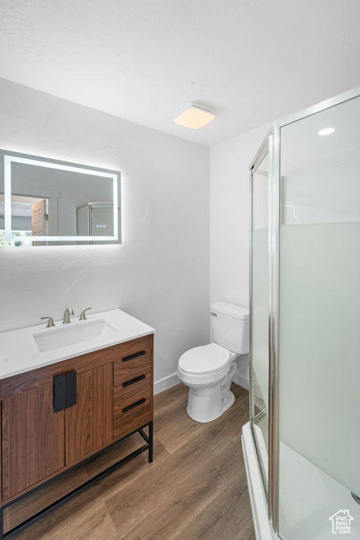 Bathroom featuring wood finished floors, vanity, and a stall shower