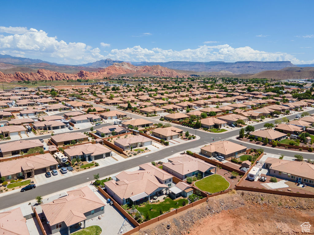 Aerial perspective of suburban area featuring mountains