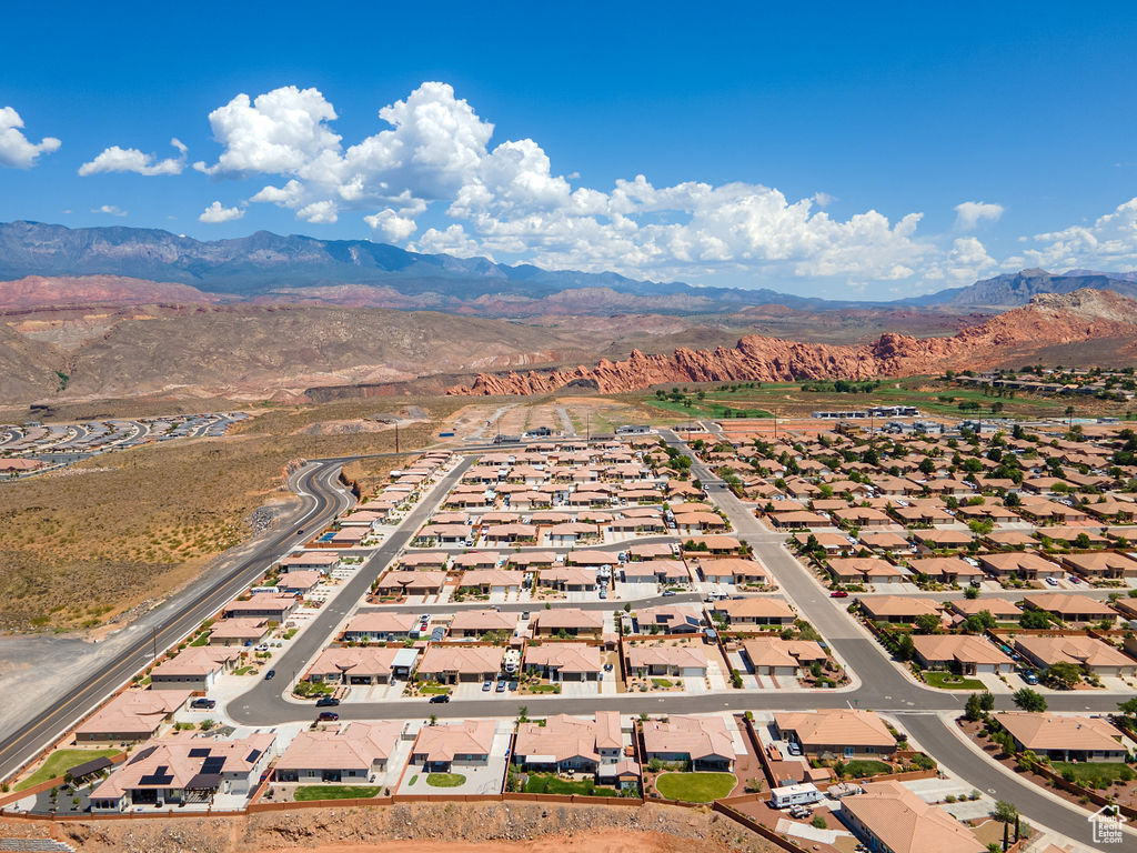 Aerial perspective of suburban area with mountains
