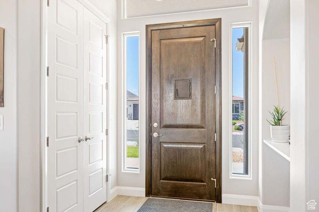 Foyer with baseboards, healthy amount of natural light, and light wood-style flooring