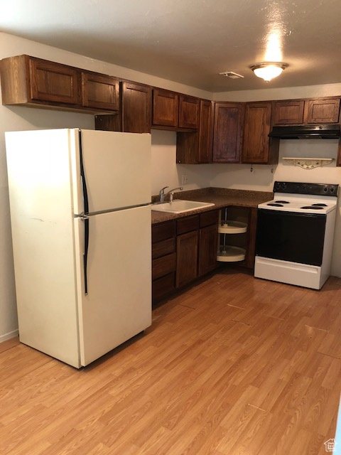 Kitchen featuring freestanding refrigerator, electric stove, a sink, under cabinet range hood, and dark brown cabinets