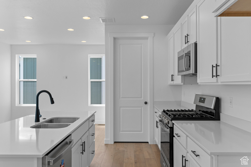 Kitchen featuring stainless steel appliances, a sink, recessed lighting, light wood-style floors, and light countertops