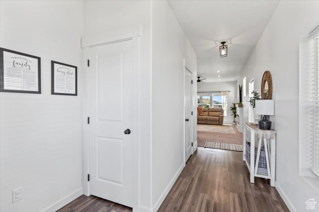 Hall with dark wood-type flooring and baseboards