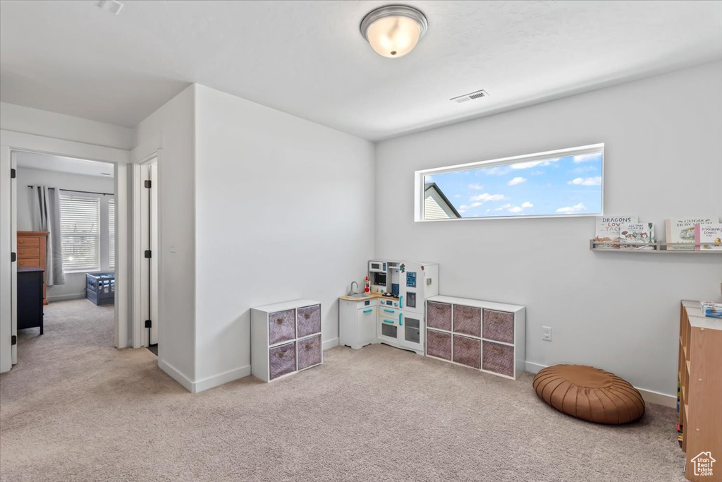 Playroom featuring plenty of natural light, carpet floors, and baseboards